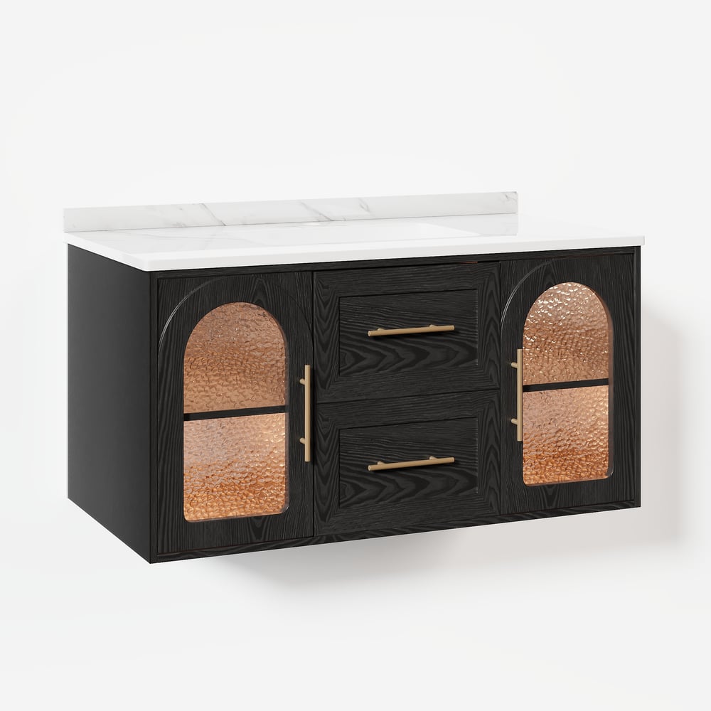 1070mm Arune Black Bathroom Vanity with Arched Glass Doors, Drawers and Light window image