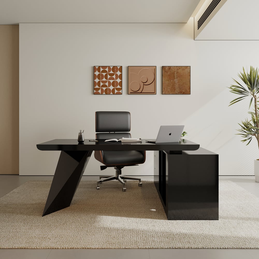 70.9"  Set Black L-Shape Executive Desk Left Hand Reclining Leather Office Desk Chair   window image