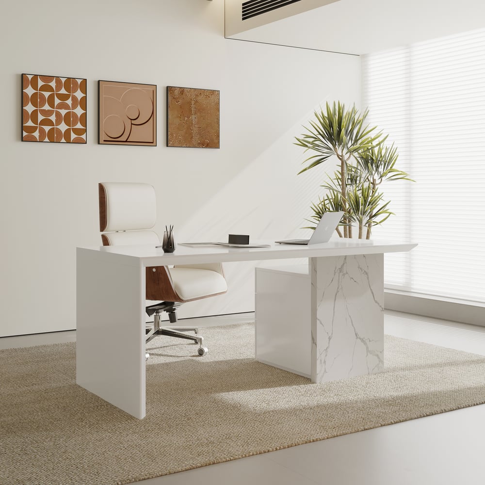 70.9" Modern Wooden White Home Office Desk & Off White Home Office Chair Set High Back window image