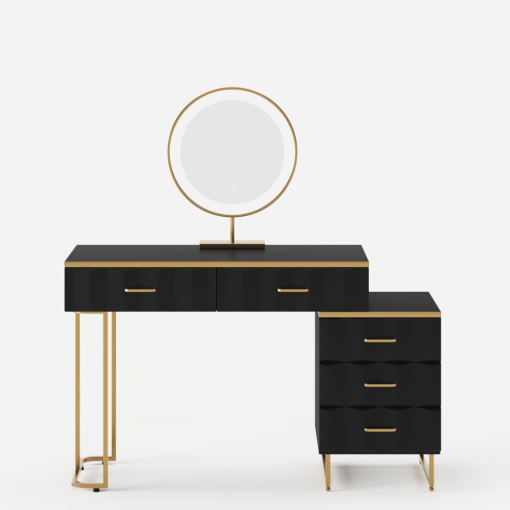 Conjunto de penteadeira de maquiagem extensível preta moderna de 5 gavetas com banquinho e espelho Imagem da janela