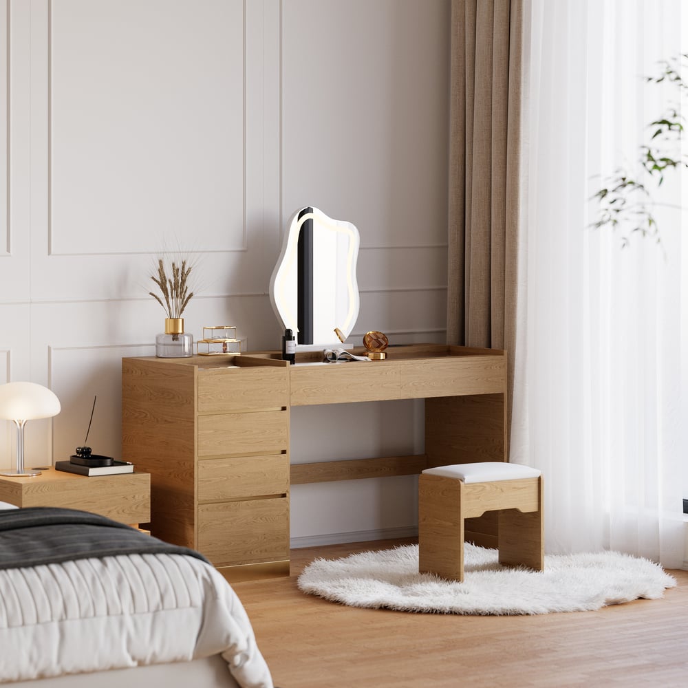 Ensemble de maquillage moderne avec miroir éclairé, station de recharge et rangement pour bijoux image de fenêtre