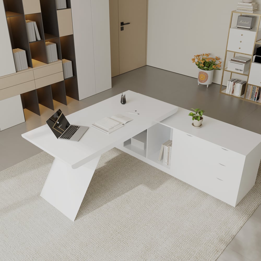 Modern White L-Shape  Right Hand Executive Desk & Office Chair Set (70.9'') window image