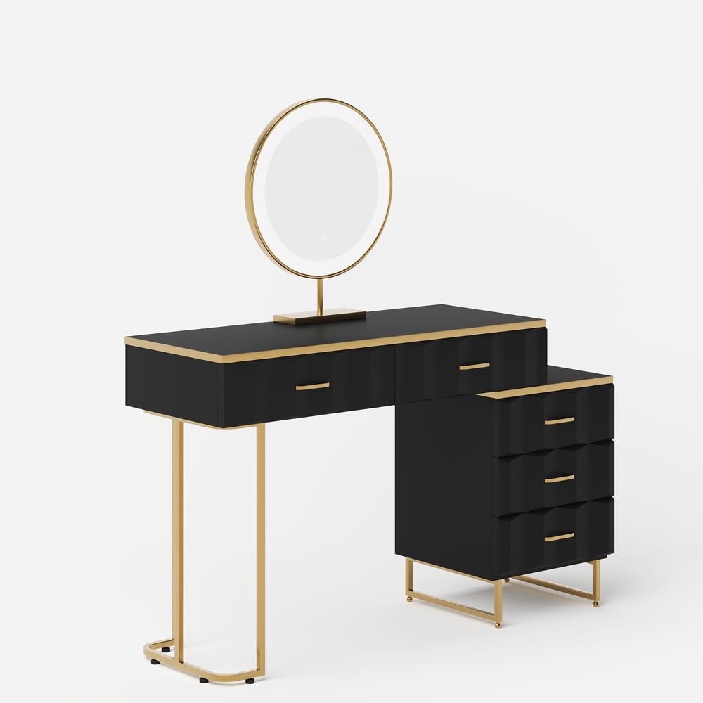 Conjunto de penteadeira de maquiagem extensível preta moderna de 5 gavetas com banquinho e espelho Imagem da janela
