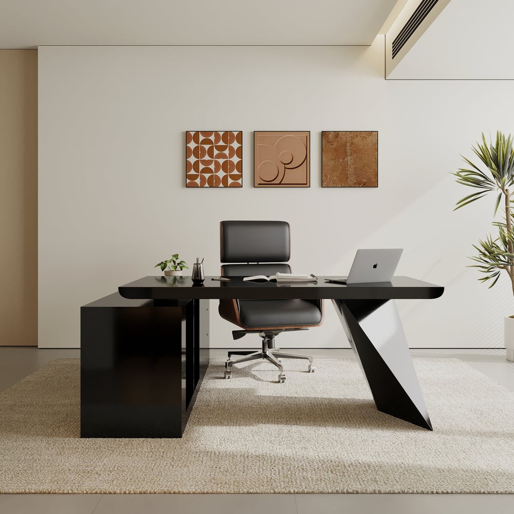 Set Black L-Shape Executive Desk Right Hand Reclining Leather Office Desk Chair (1800m) window image