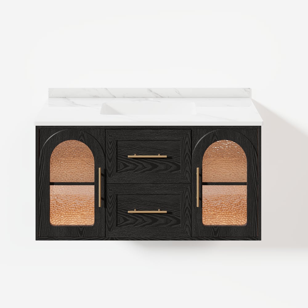 1070mm Arune Black Bathroom Vanity with Arched Glass Doors, Drawers and Light window image