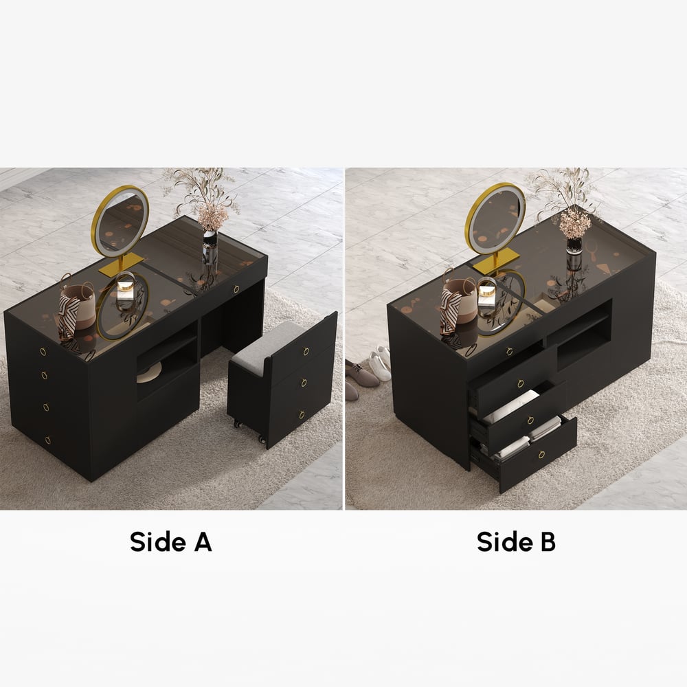 1500mm Vanity Dresser Glass Top Walk in Closet Island with Storage & Stool window image