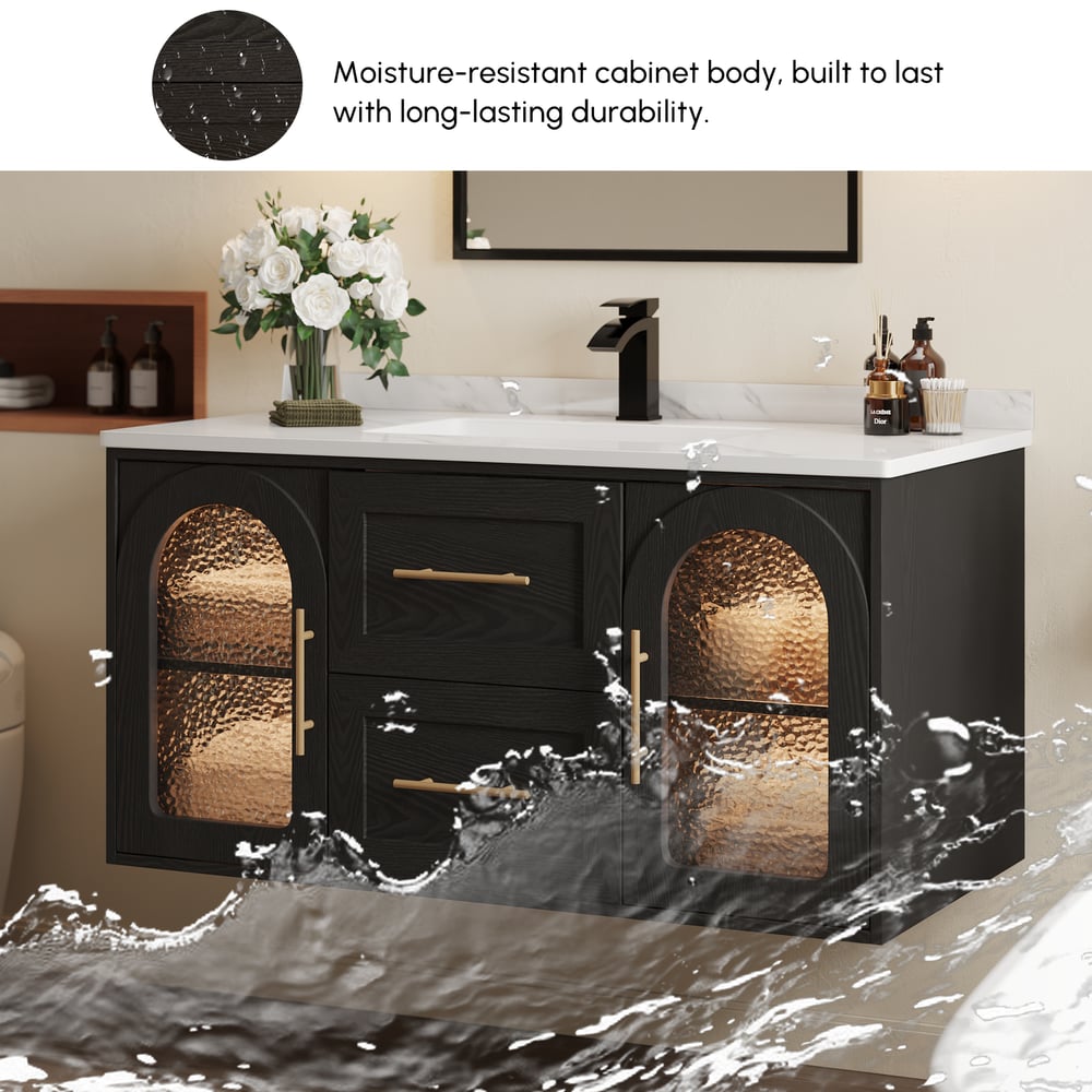 1070mm Arune Black Bathroom Vanity with Arched Glass Doors, Drawers and Light window image
