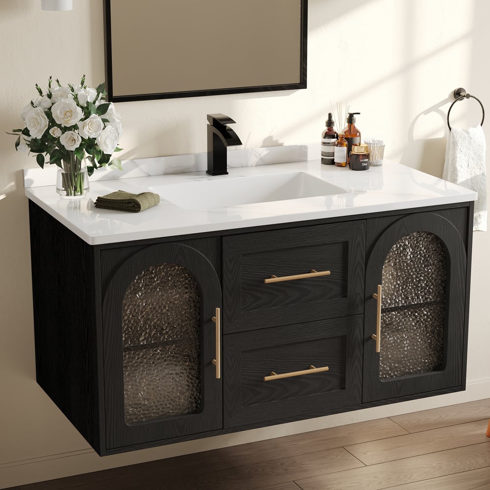 1070mm Arune Black Bathroom Vanity with Arched Glass Doors, Drawers and Light window image
