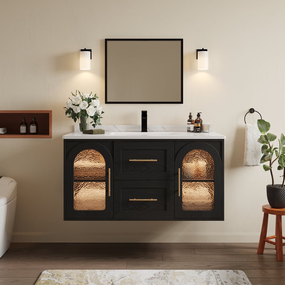 1070mm Arune Black Bathroom Vanity with Arched Glass Doors, Drawers and Light window image