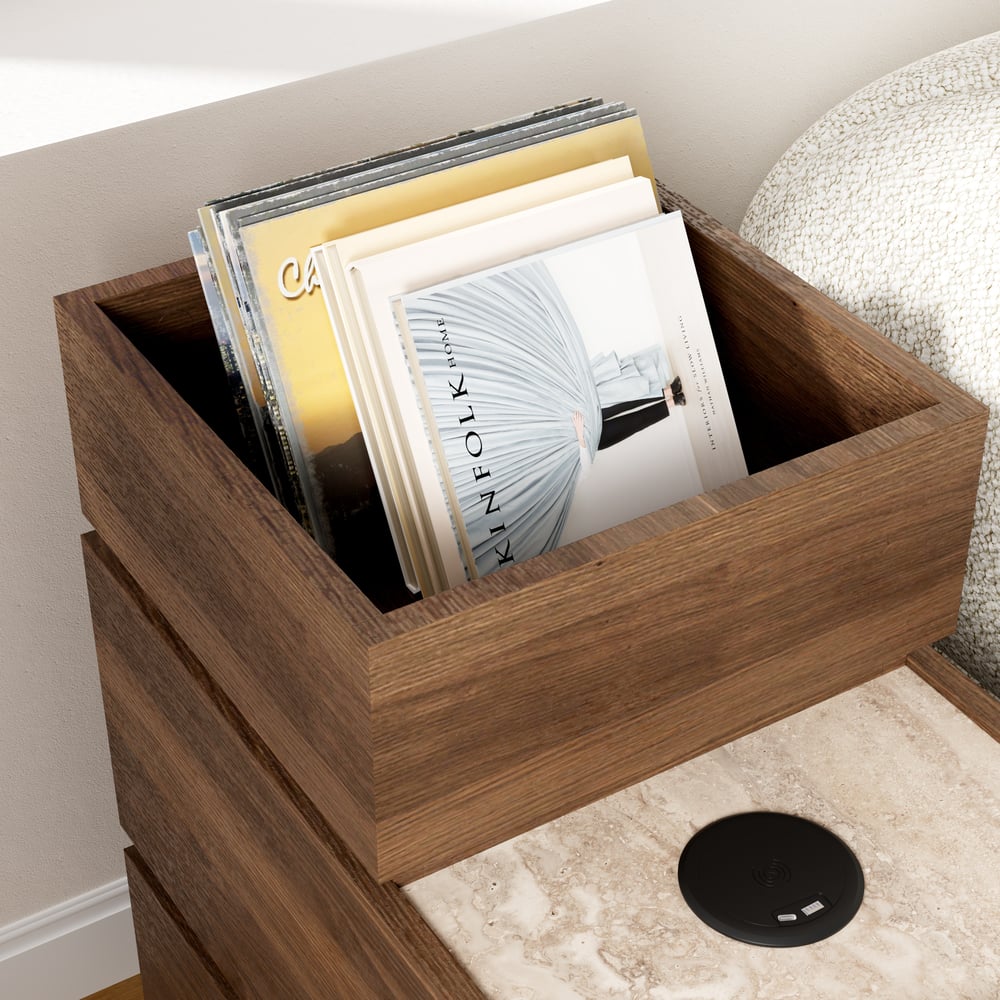 Smalle slimme bijzettafel van travertijnsteen met opbergruimte Vensterafbeelding