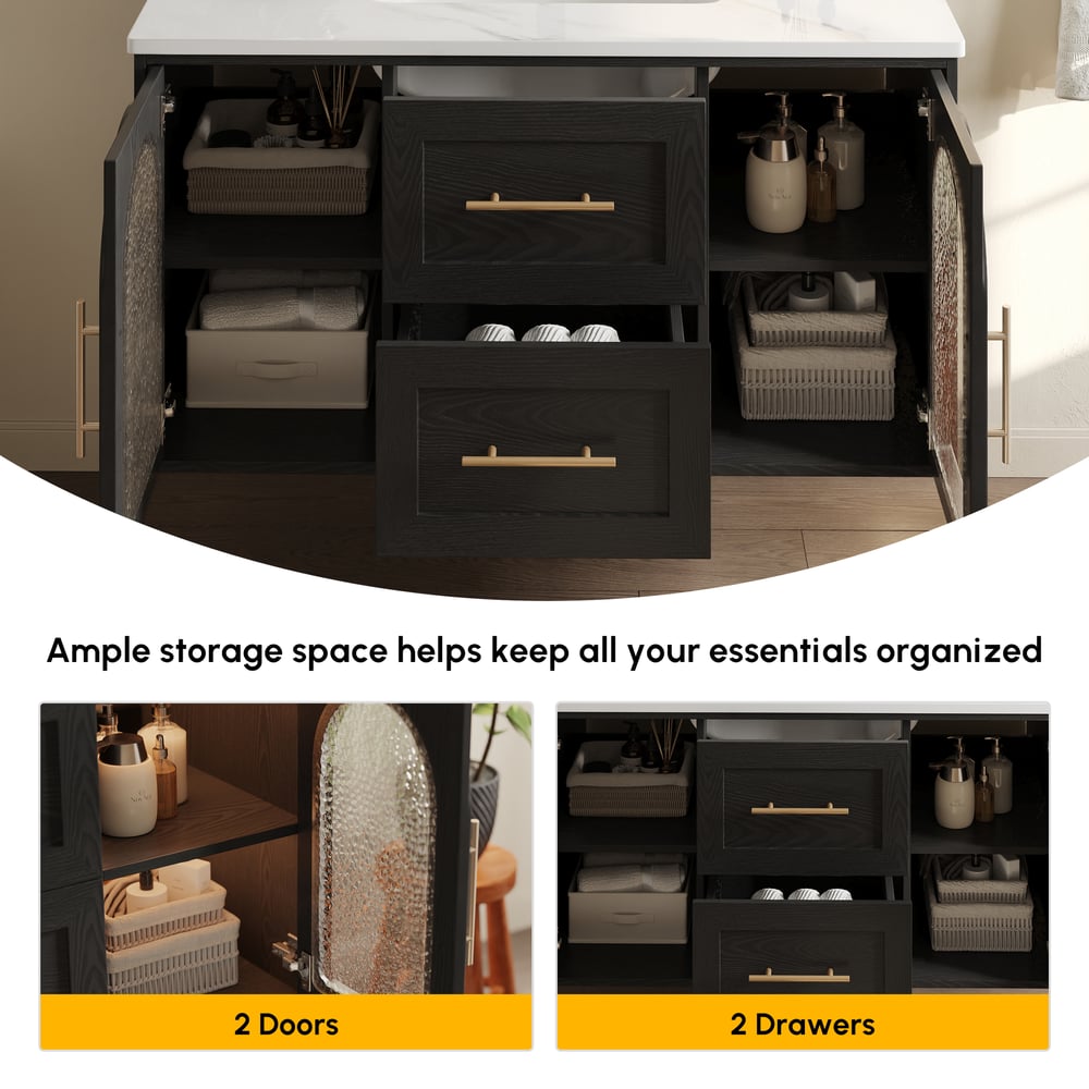 1070mm Arune Black Bathroom Vanity with Arched Glass Doors, Drawers and Light window image