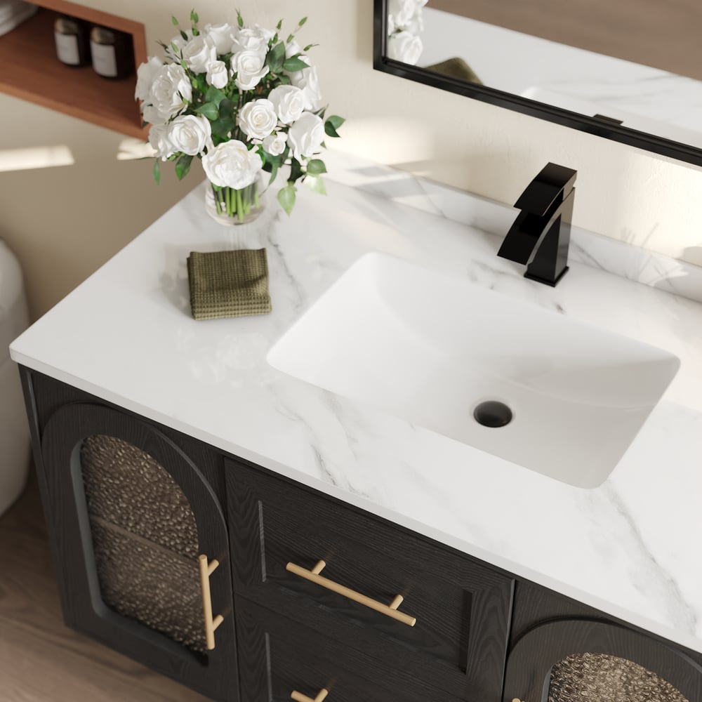 1070mm Arune Black Bathroom Vanity with Arched Glass Doors, Drawers and Light window image