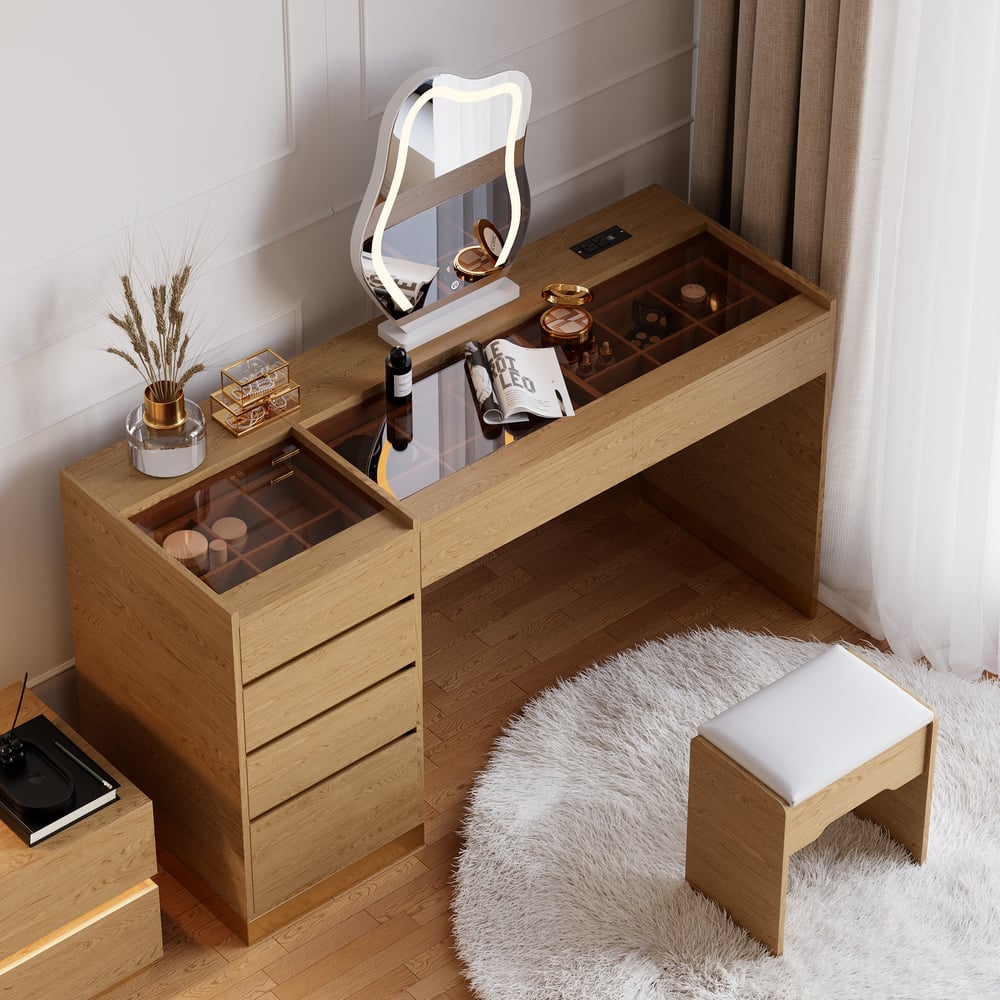 Ensemble de maquillage moderne avec miroir éclairé, station de recharge et rangement pour bijoux image de fenêtre