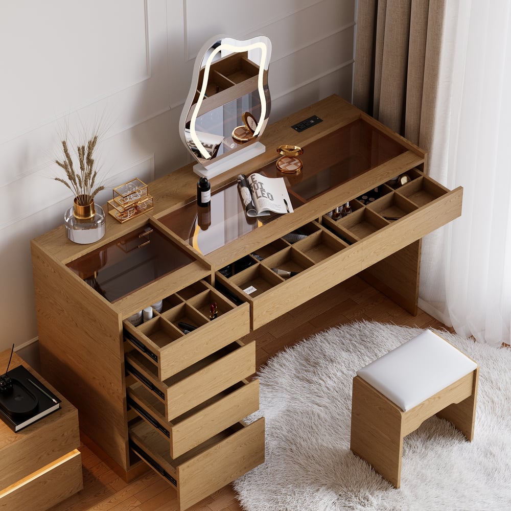 Ensemble de maquillage moderne avec miroir éclairé, station de recharge et rangement pour bijoux image de fenêtre