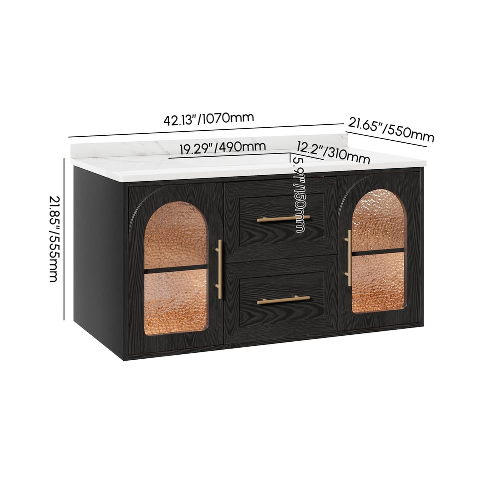 1070mm Arune Black Bathroom Vanity with Arched Glass Doors, Drawers and Light weights dimensions image