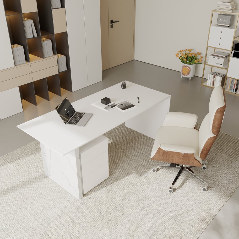 70.9" Modern Wooden White Home Office Desk & Off White Home Office Chair Set High Back window image