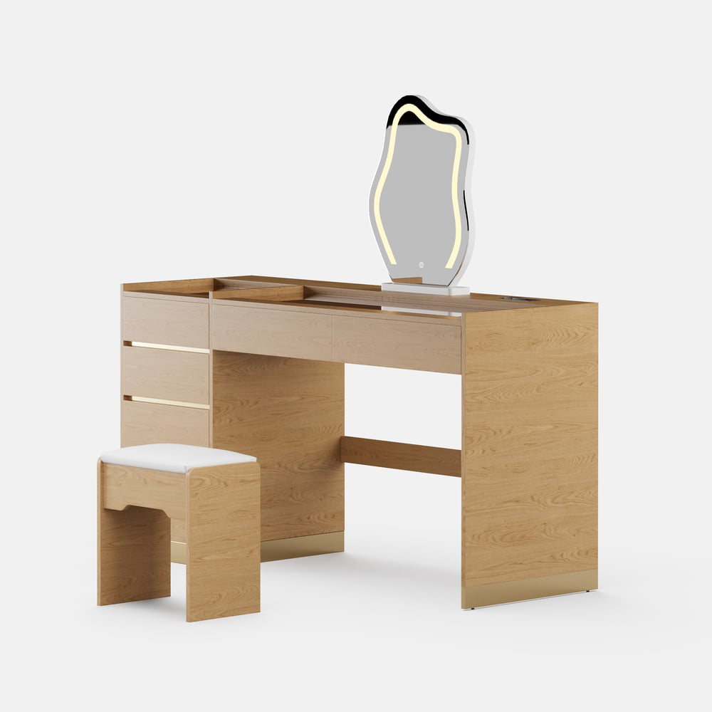 Ensemble de maquillage moderne avec miroir éclairé, station de recharge et rangement pour bijoux image de fenêtre