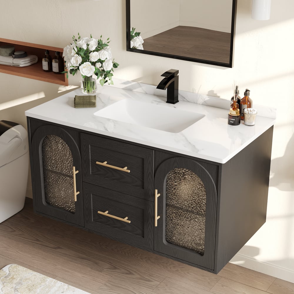 1070mm Arune Black Bathroom Vanity with Arched Glass Doors, Drawers and Light window image