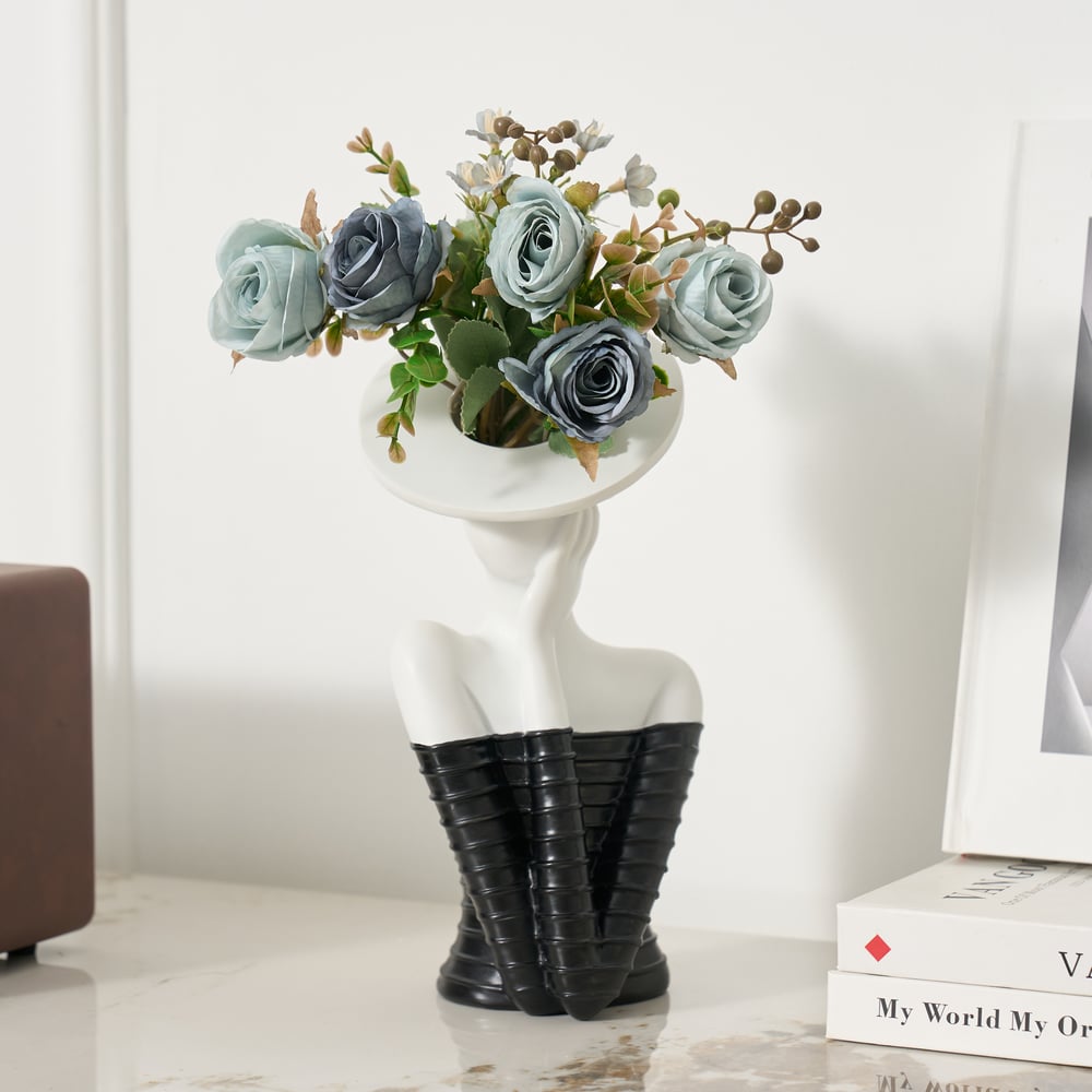 Sculptural Decorative Flower Arrangement, Resin Art Vase with 5-Head Artificial Roses window image