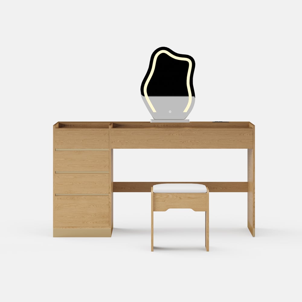 Ensemble de maquillage moderne avec miroir éclairé, station de recharge et rangement pour bijoux image de fenêtre