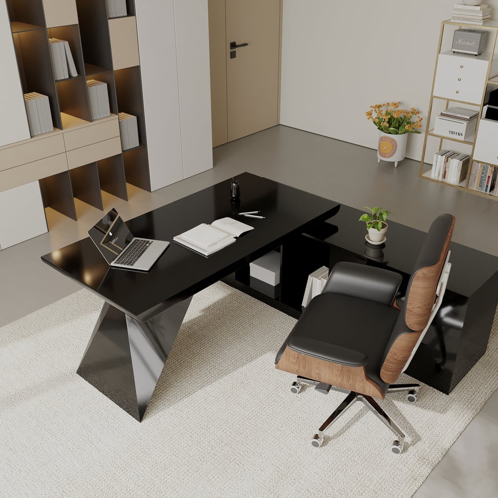 Set Black L-Shape Executive Desk Right Hand Reclining Leather Office Desk Chair (1800m) window image