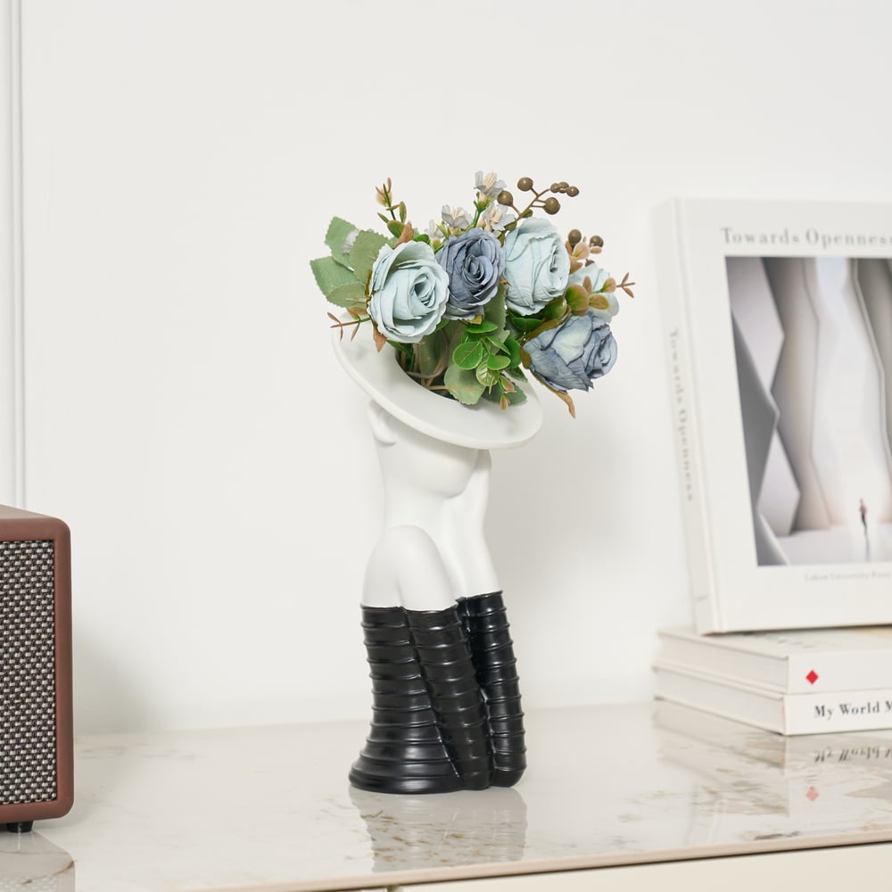 Sculptural Decorative Flower Arrangement, Resin Art Vase with 5-Head Artificial Roses window image