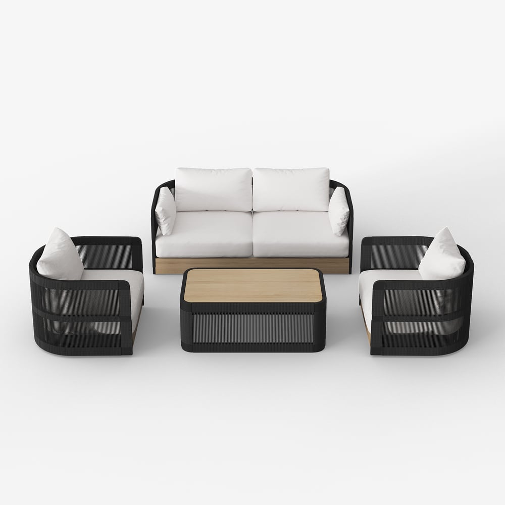 4-Pieces Modern Aluminum & Rope Outdoor Sofa Set with Coffee Table in Black for 4 window image