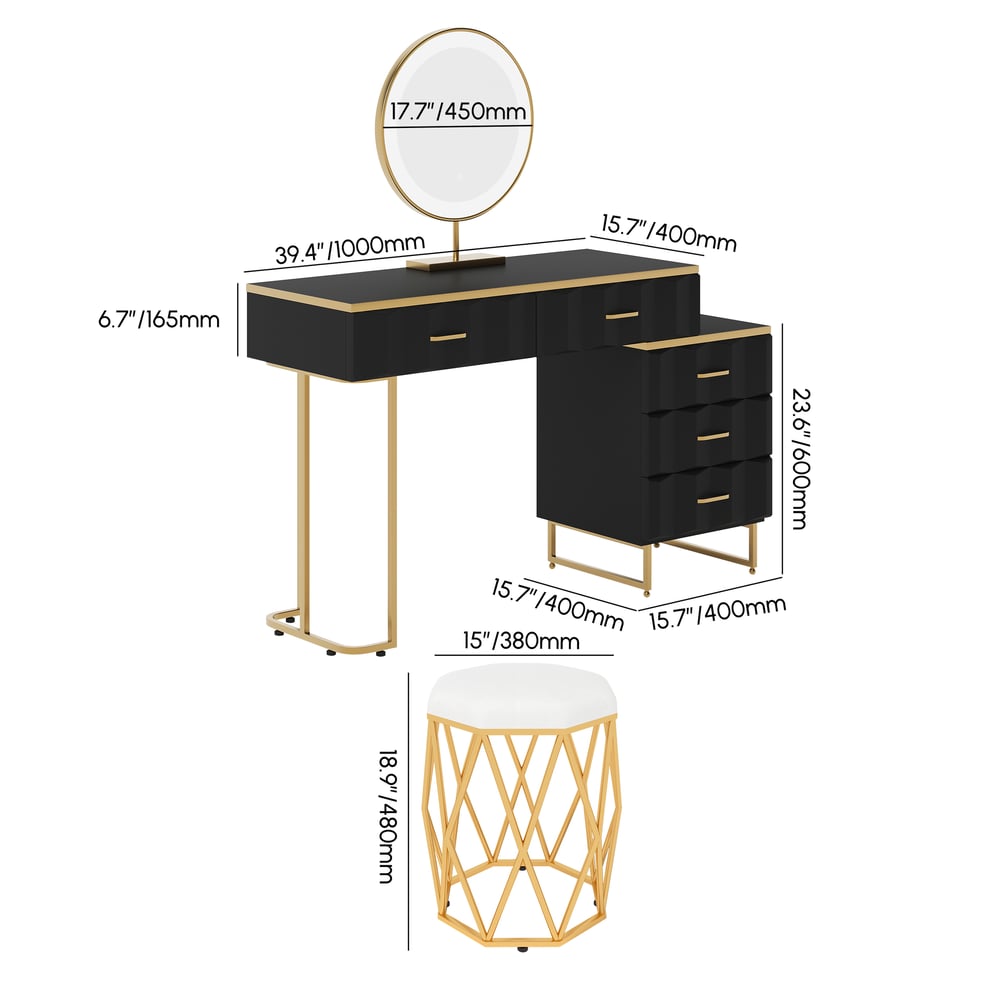 Conjunto de penteadeira de maquiagem extensível preta moderna de 5 gavetas com banquinho e espelho Imagem com pesos e dimensões