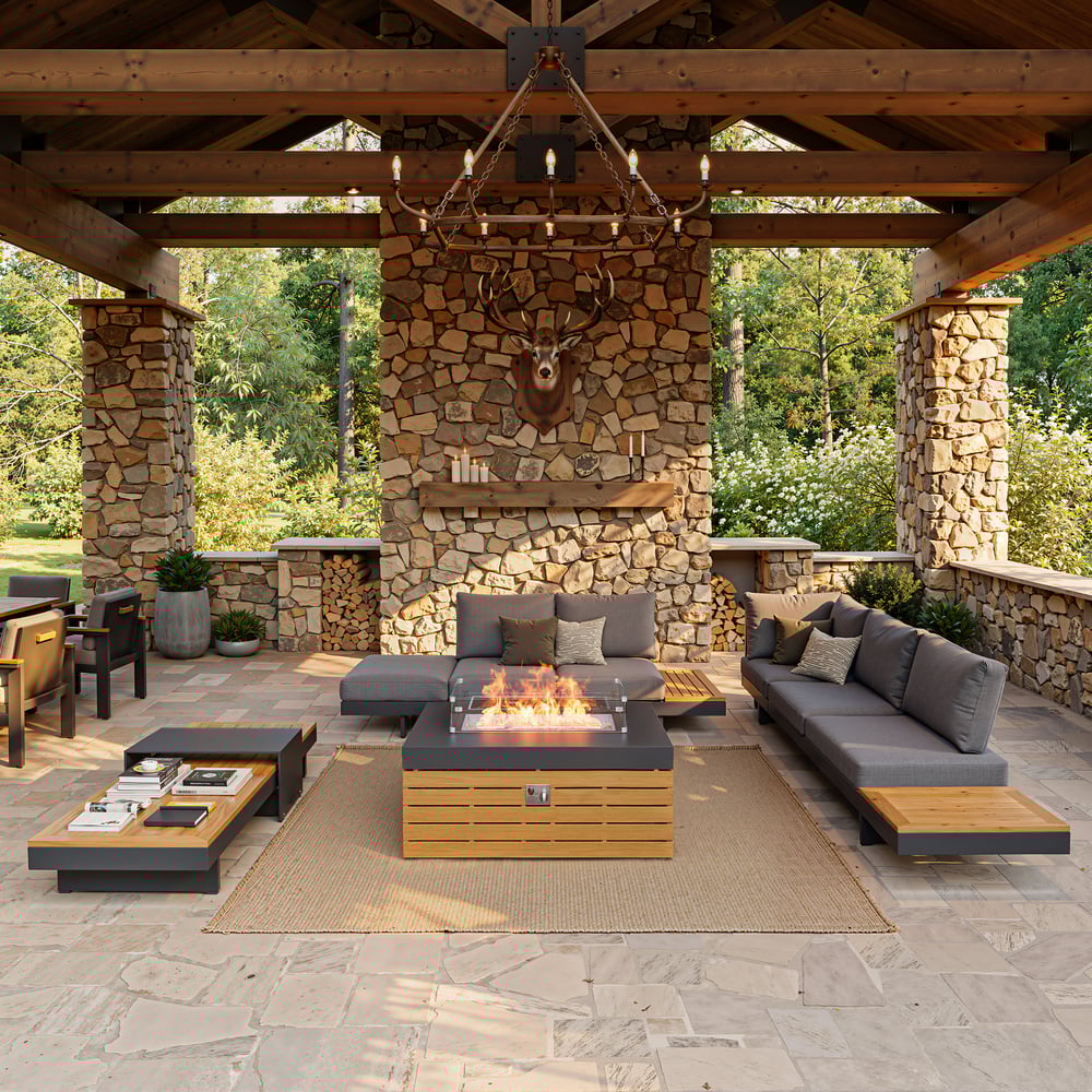 5-Pieces Modular Teak Outdoor Sofa Set with Smokeless Fire Pit for 6 Person in Gray window image