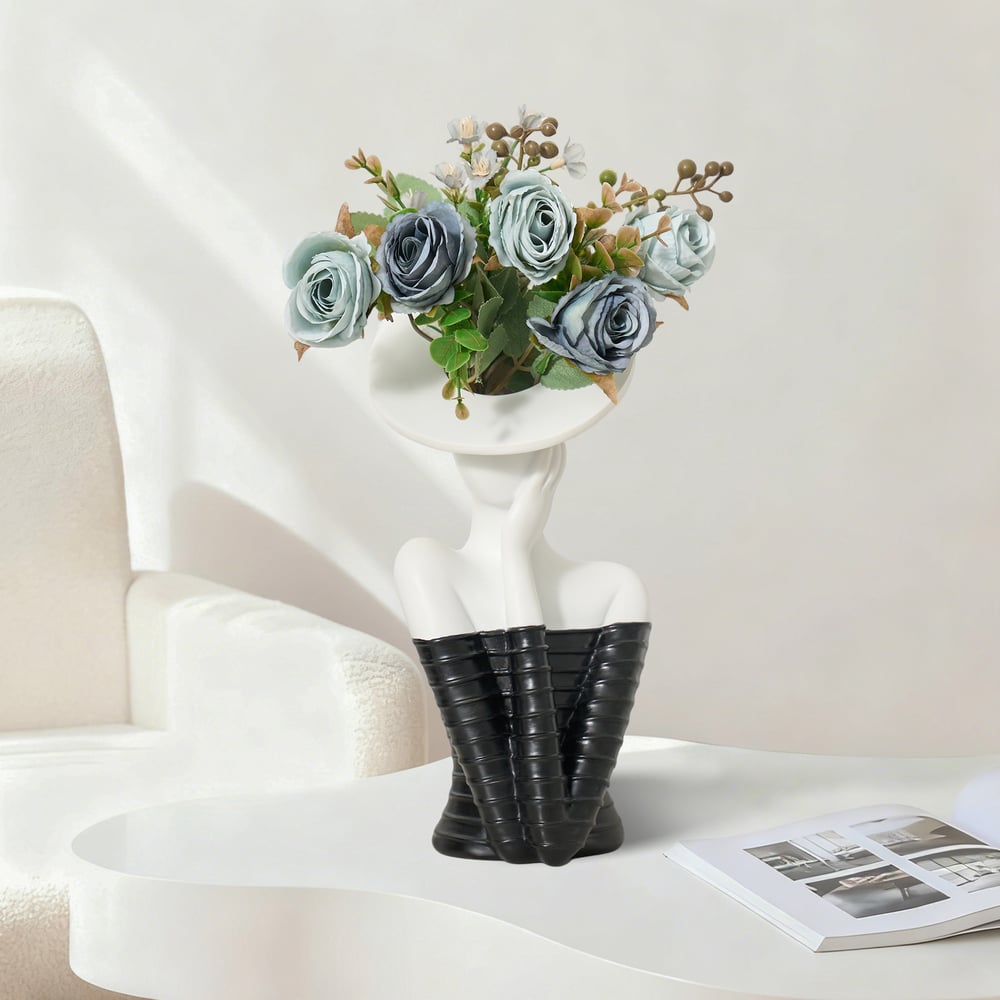 Sculptural Decorative Flower Arrangement, Resin Art Vase with 5-Head Artificial Roses window image
