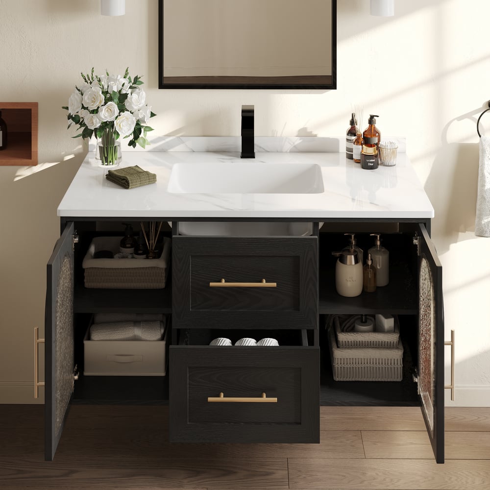 1070mm Arune Black Bathroom Vanity with Arched Glass Doors, Drawers and Light window image