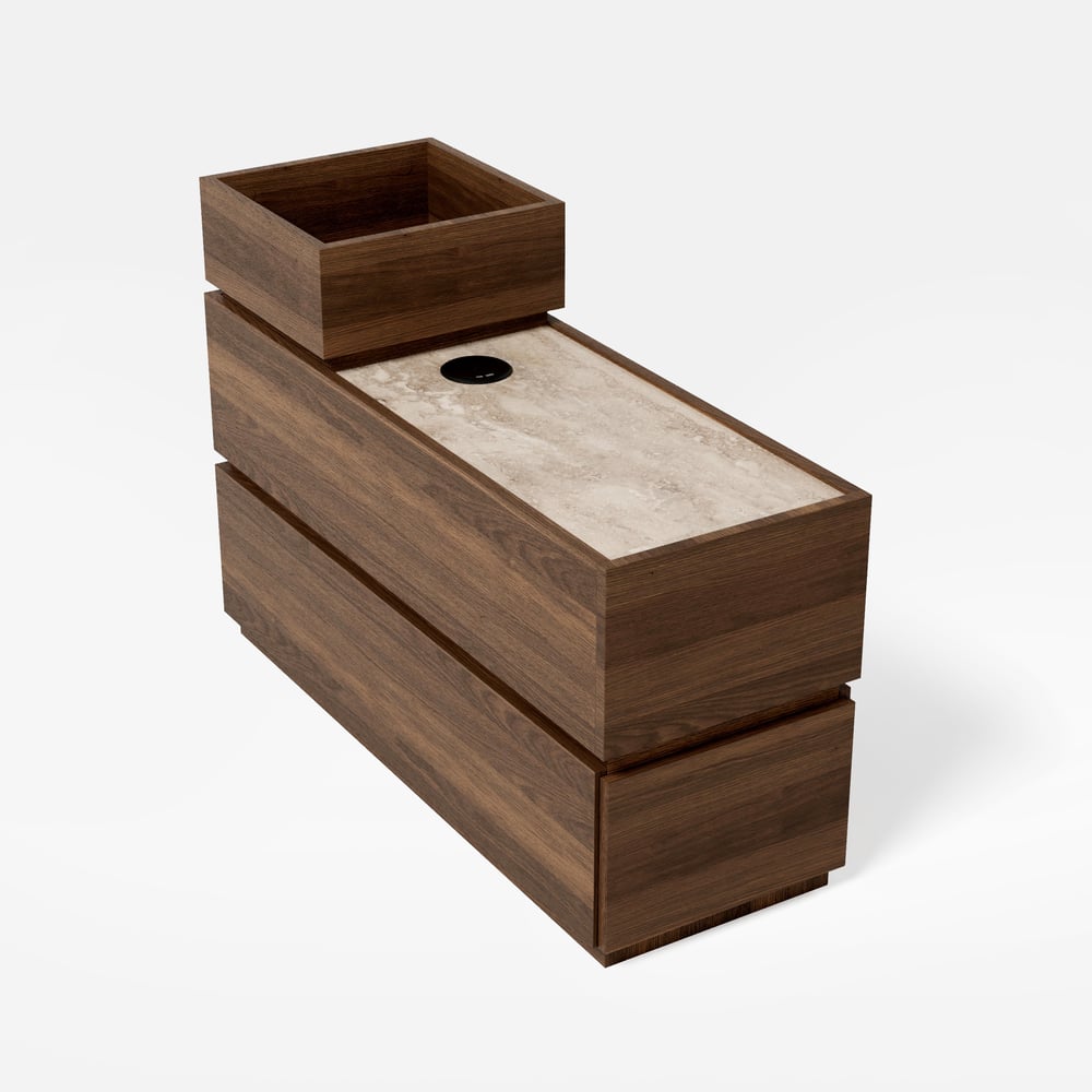 Smalle slimme bijzettafel van travertijnsteen met opbergruimte Vensterafbeelding