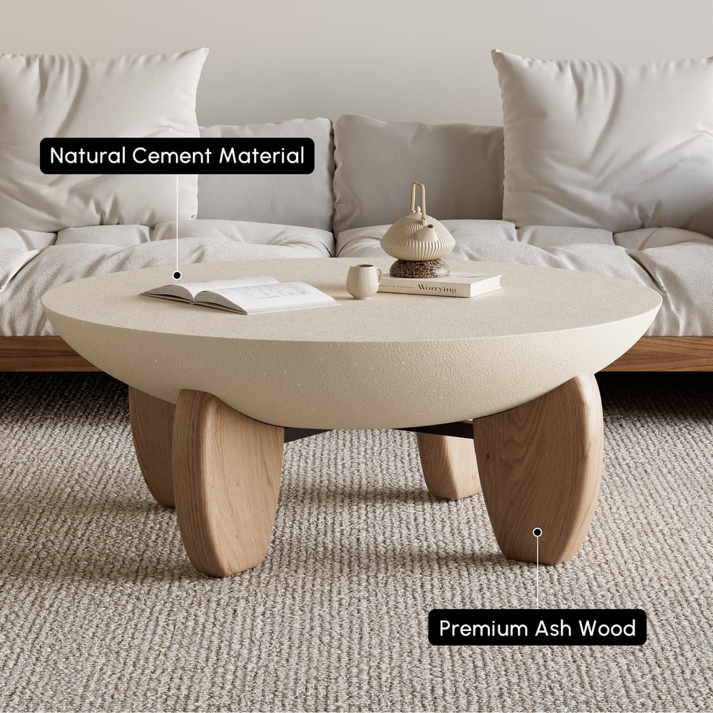 Curva Round Concrete Natural Coffee Table with Wood Legs window image