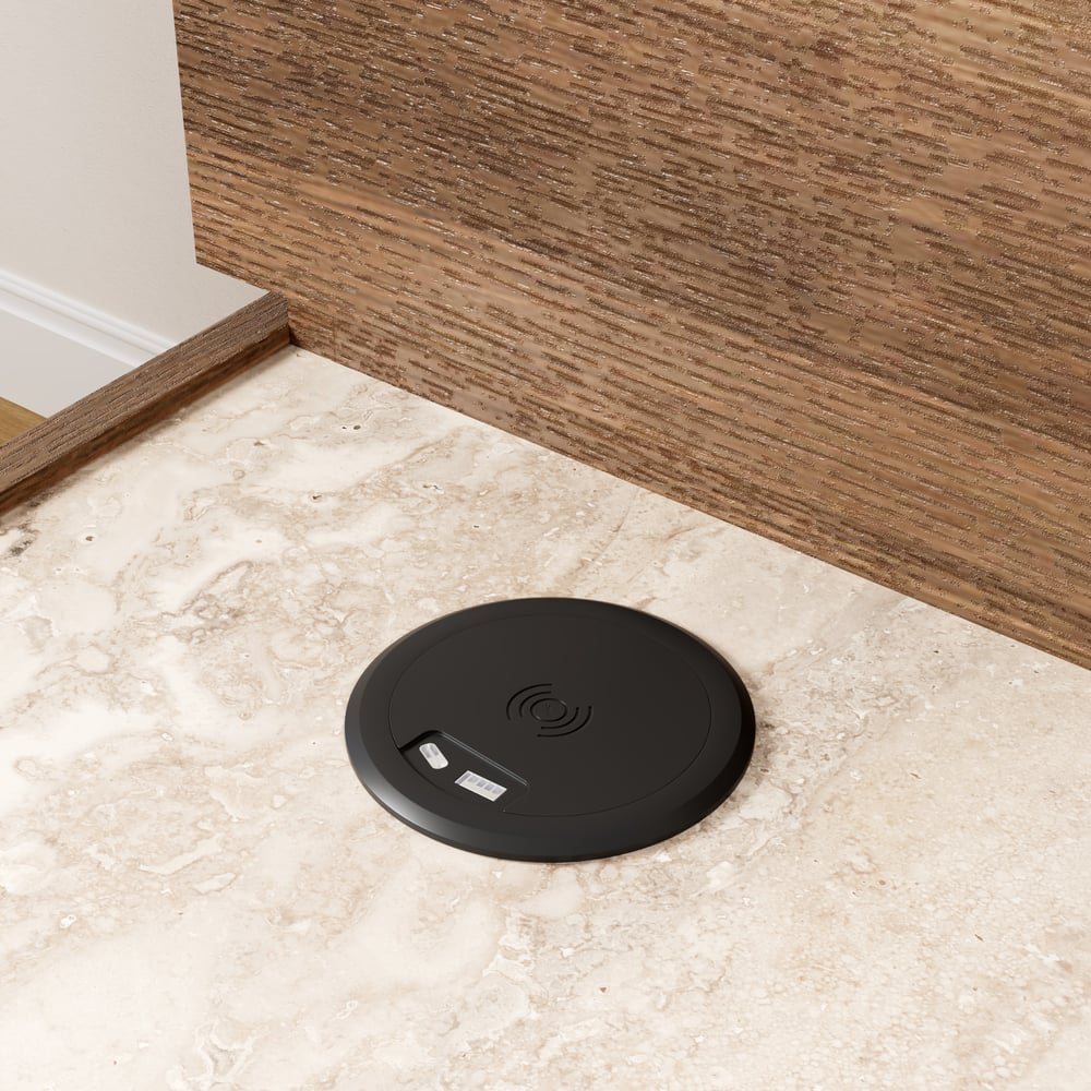 Smalle slimme bijzettafel van travertijnsteen met opbergruimte Vensterafbeelding