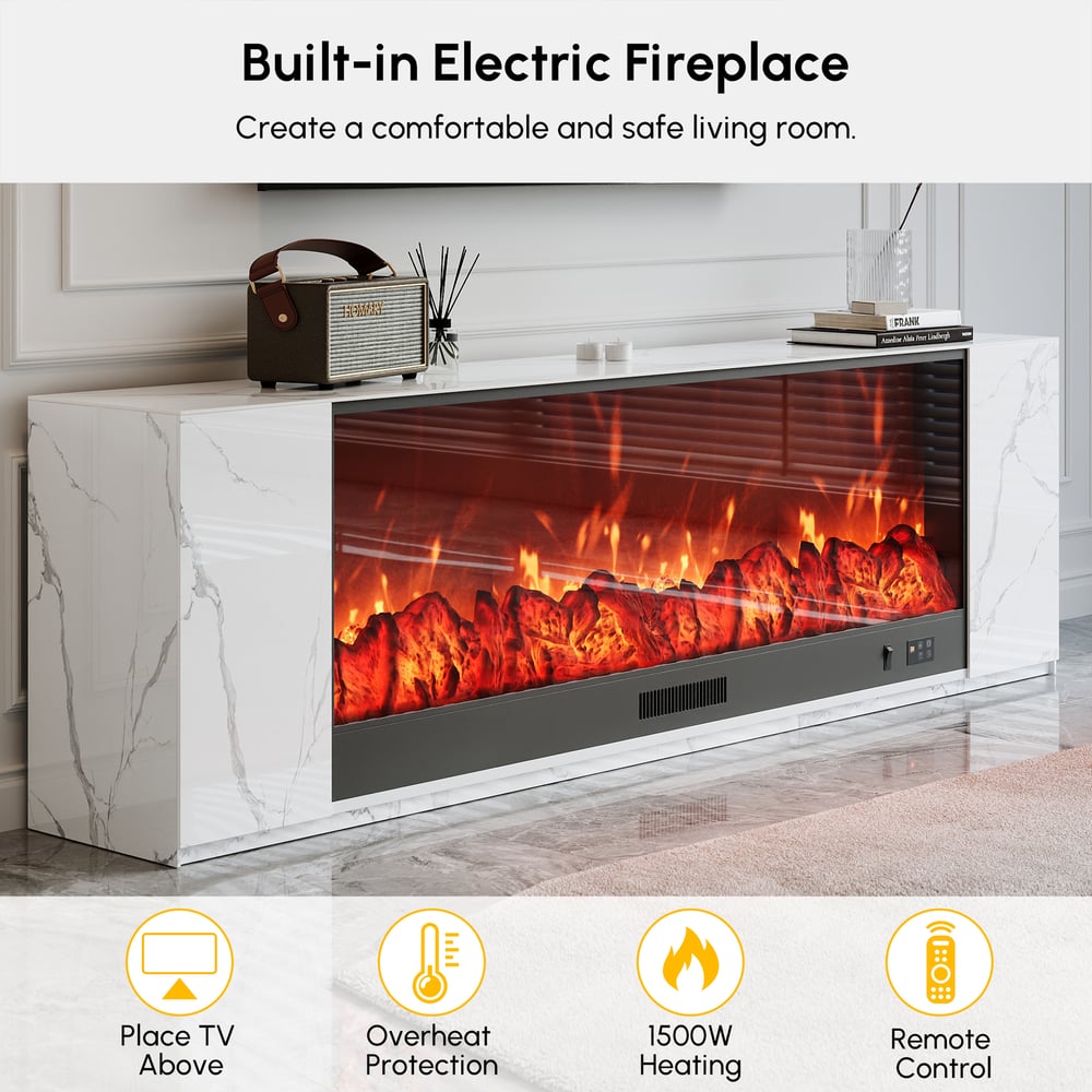 87" Sintered Stone Electric Fireplace TV Stand with Remote Control window image