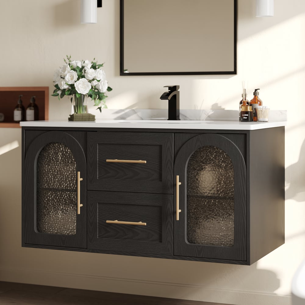 1070mm Arune Black Bathroom Vanity with Arched Glass Doors, Drawers and Light window image