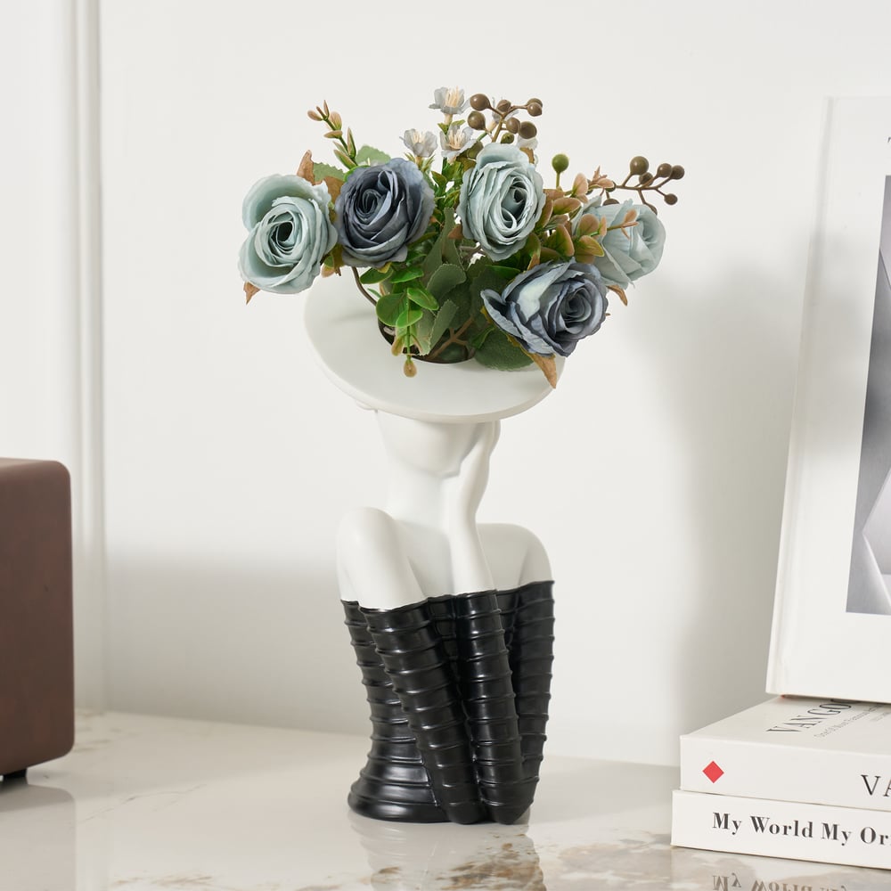 Sculptural Decorative Flower Arrangement, Resin Art Vase with 5-Head Artificial Roses window image