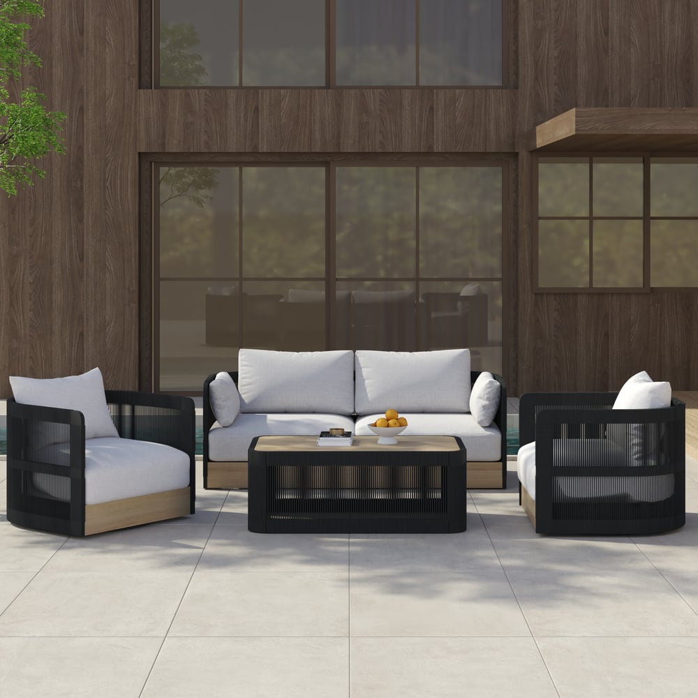 4-Pieces Modern Aluminum & Rope Outdoor Sofa Set with Coffee Table in Black for 4 window image