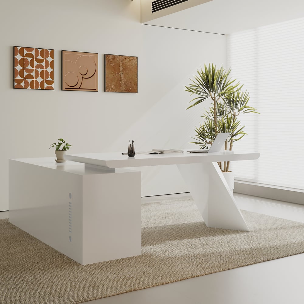 Modern White L-Shape  Right Hand Executive Desk & Office Chair Set (70.9'') window image