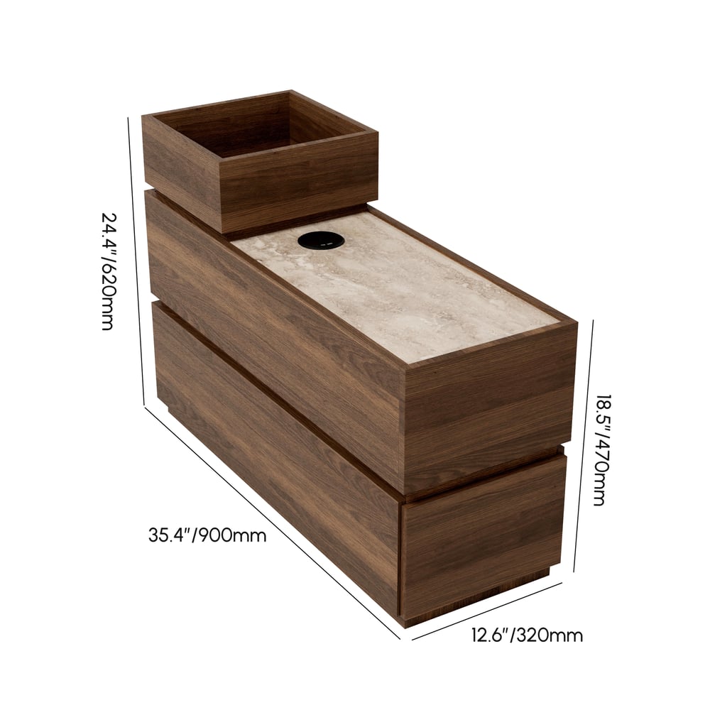 Smalle slimme bijzettafel van travertijnsteen met opbergruimte Afbeelding met gewichten en afmetingen