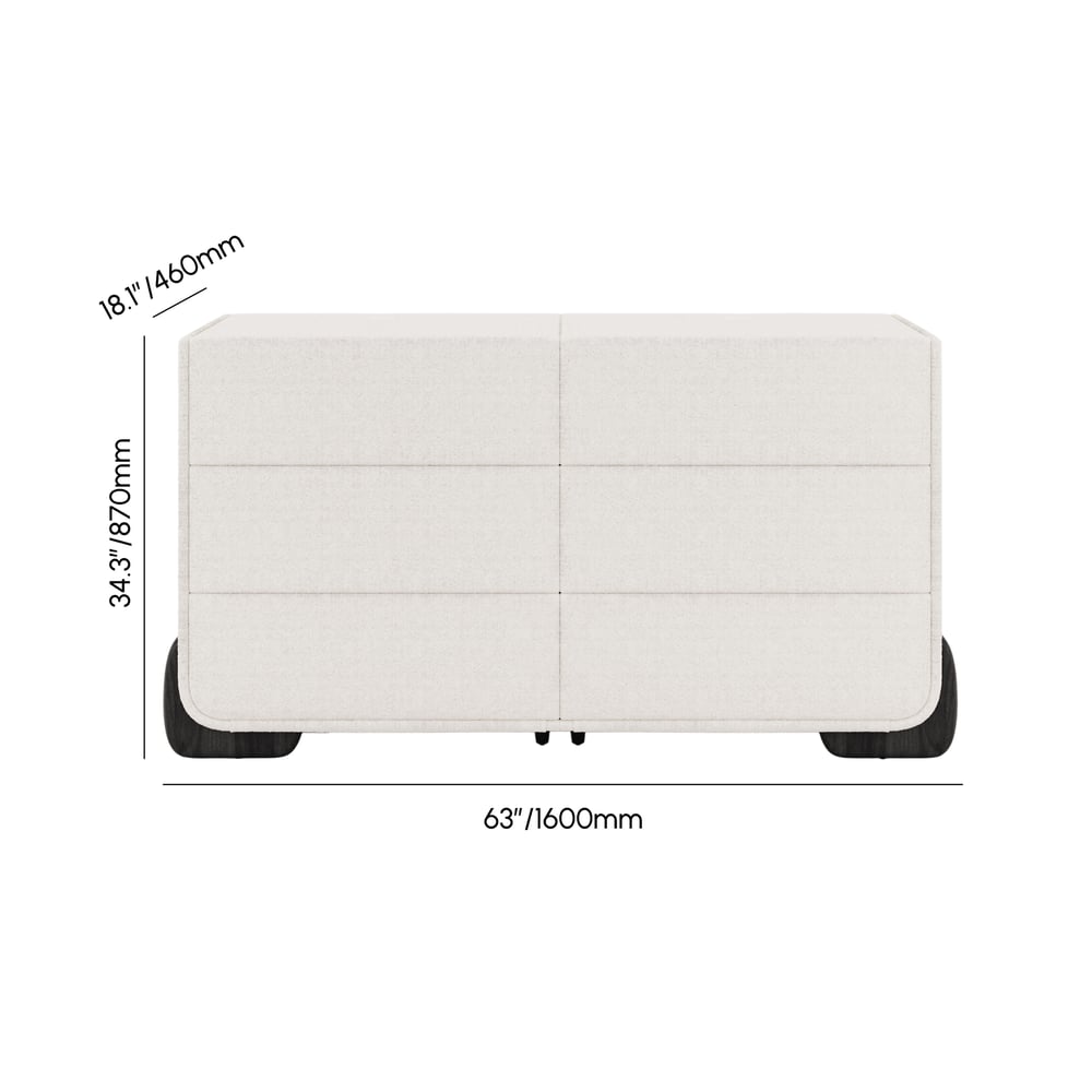 Curva 63" Boucle White 6 Drawer Smart Dresser Chest weights dimensions image