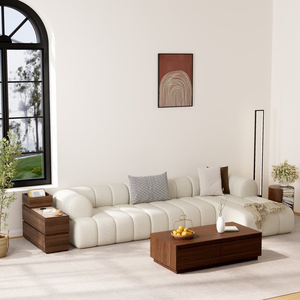 Smalle slimme bijzettafel van travertijnsteen met opbergruimte Vensterafbeelding