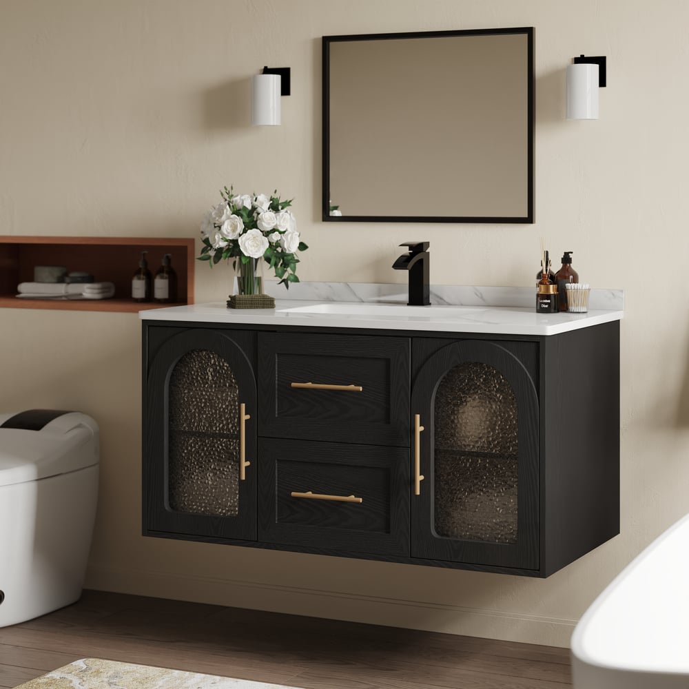 1070mm Arune Black Bathroom Vanity with Arched Glass Doors, Drawers and Light window image