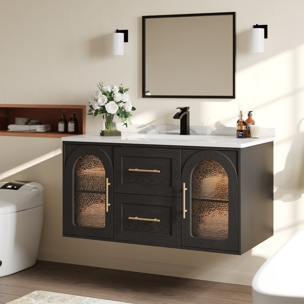 1070mm Arune Black Bathroom Vanity with Arched Glass Doors, Drawers and Light window image