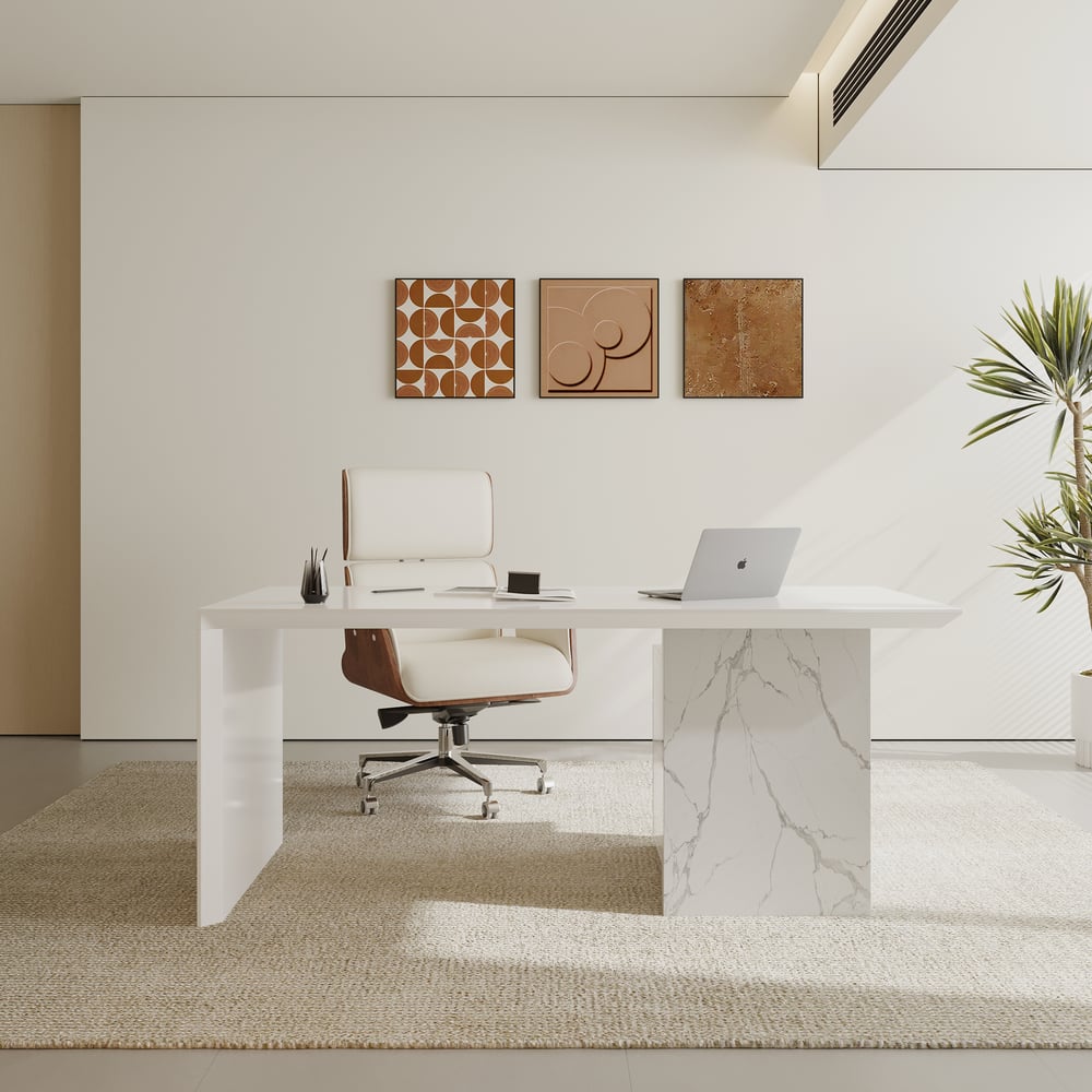 70.9" Modern Wooden White Home Office Desk & Off White Home Office Chair Set High Back window image