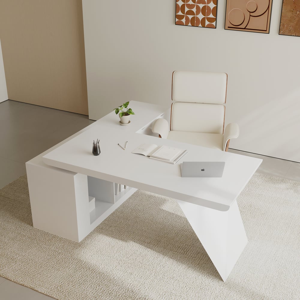Modern White L-Shape  Right Hand Executive Desk & Office Chair Set (70.9'') window image