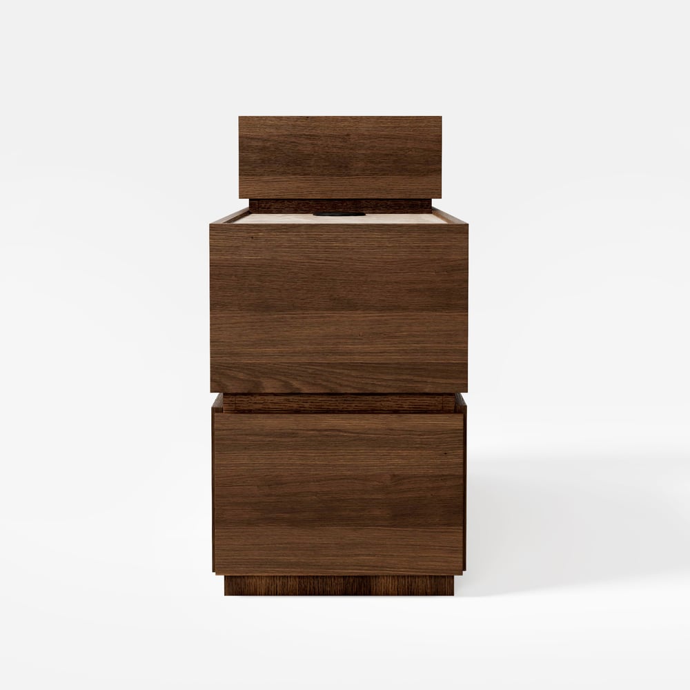 Smalle slimme bijzettafel van travertijnsteen met opbergruimte Vensterafbeelding