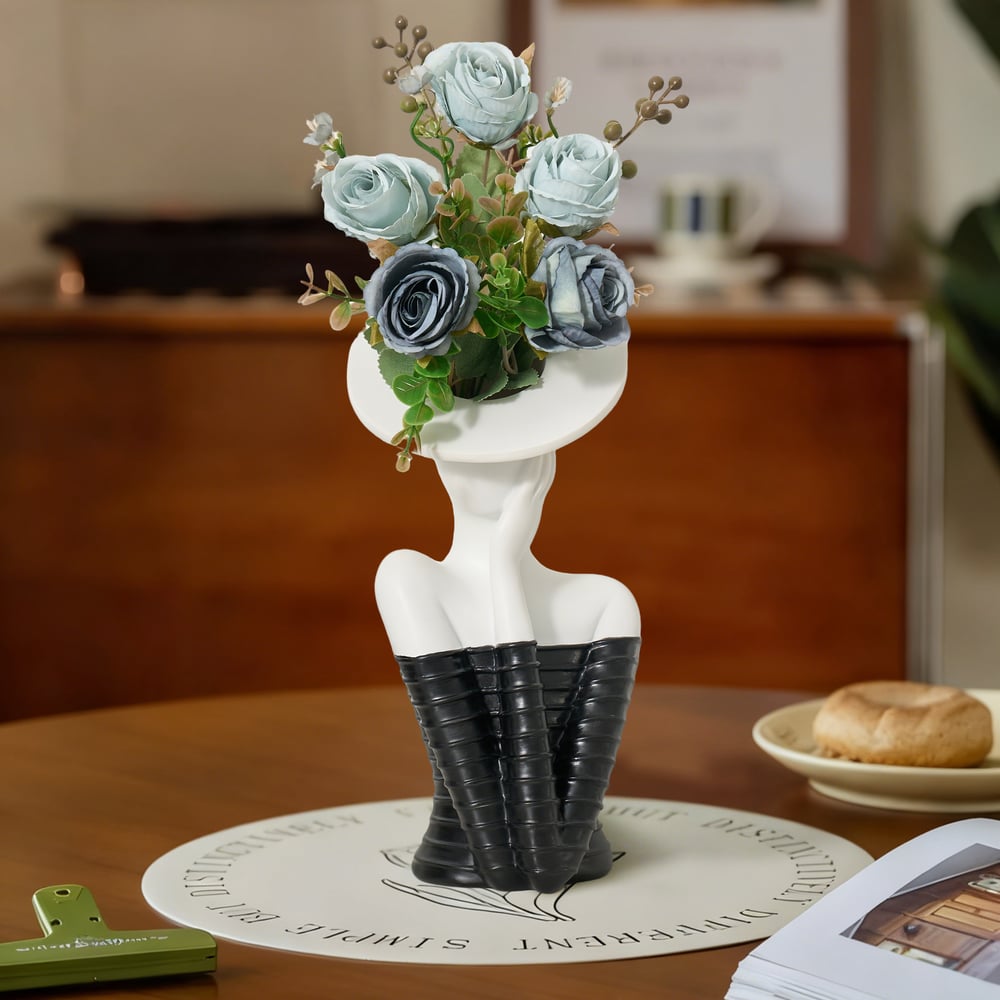 Sculptural Decorative Flower Arrangement, Resin Art Vase with 5-Head Artificial Roses window image