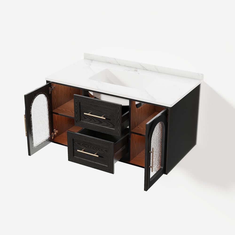 1070mm Arune Black Bathroom Vanity with Arched Glass Doors, Drawers and Light window image