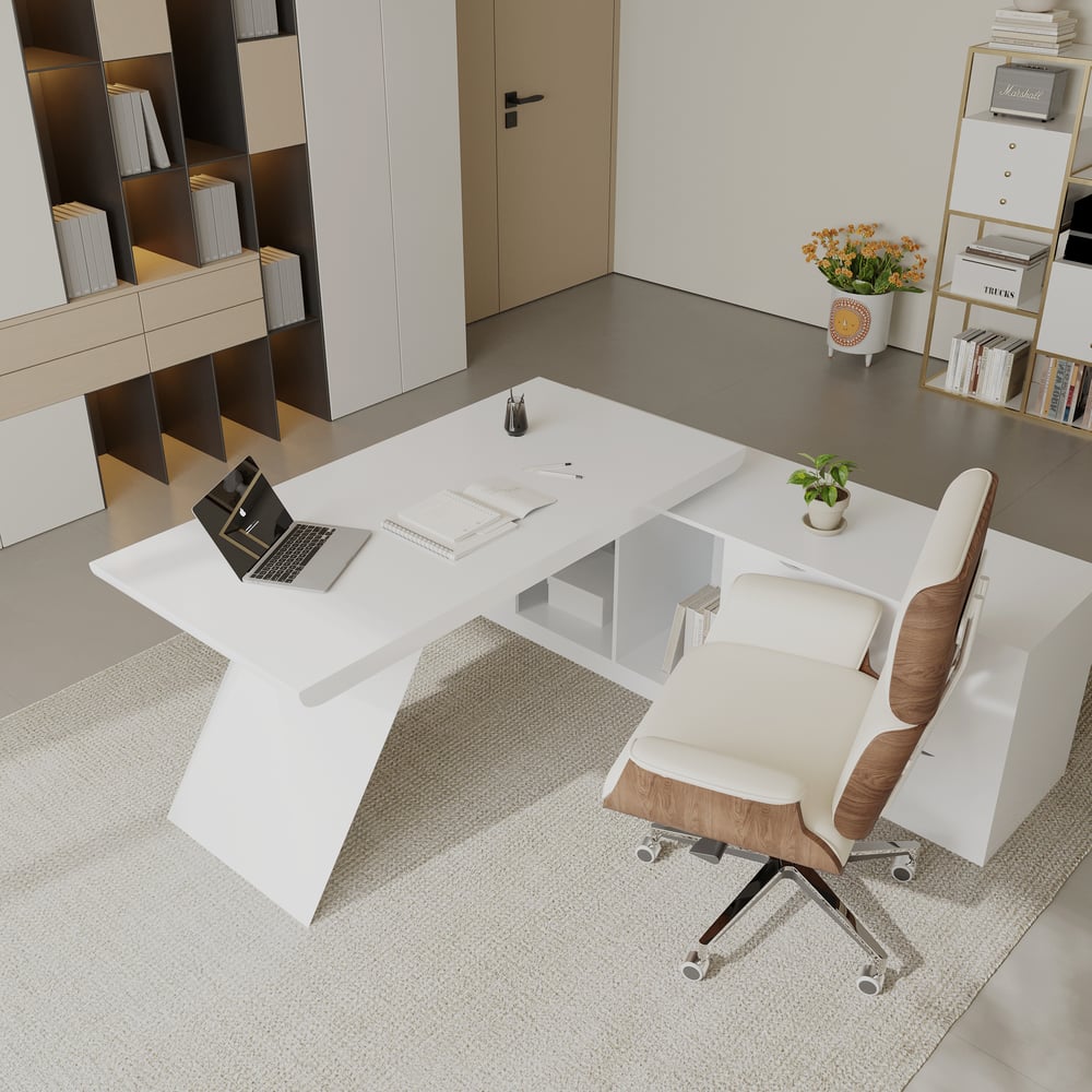 Modern White L-Shape  Right Hand Executive Desk & Office Chair Set (70.9'') window image